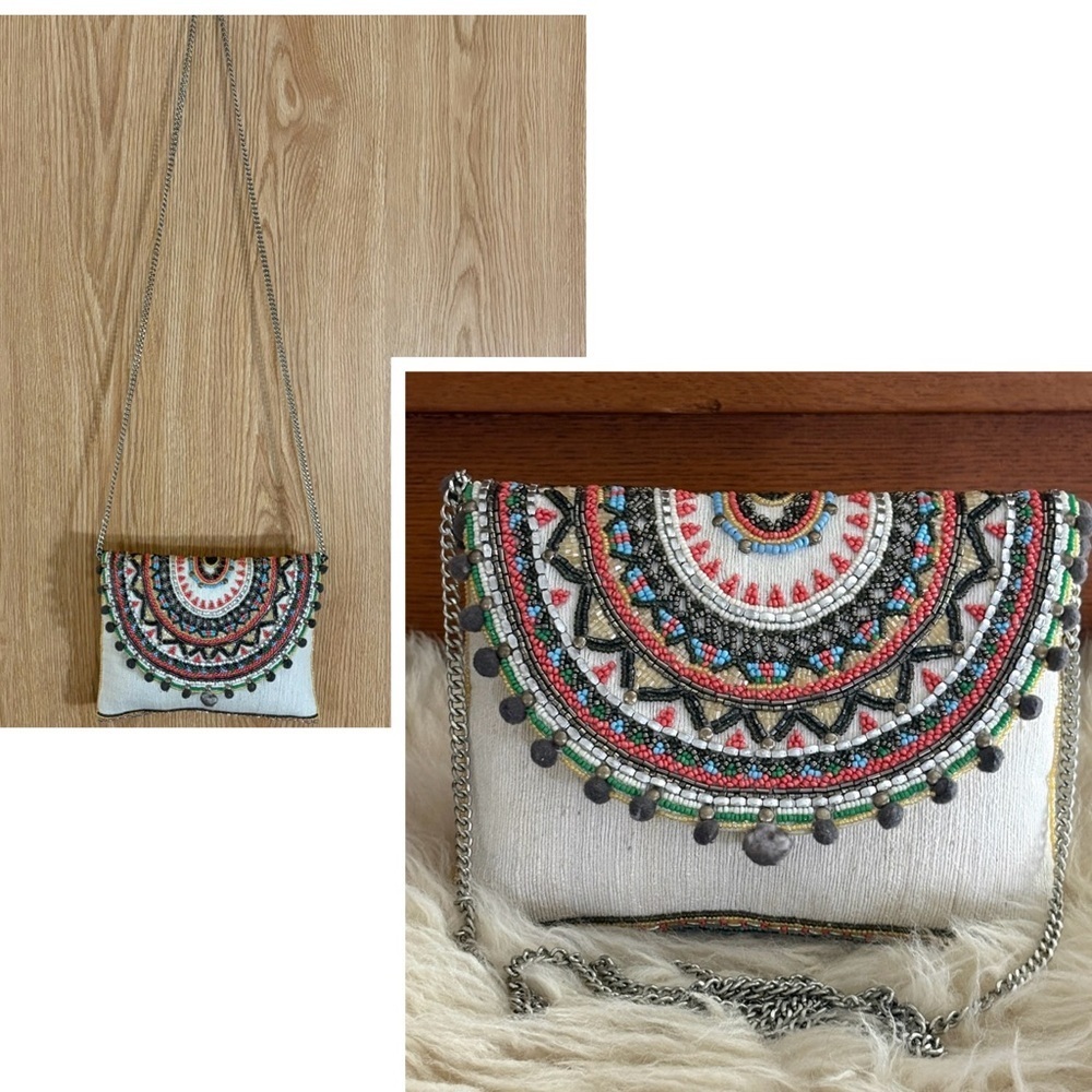 Beaded Mandala Handmade Linen Satchel Bag with Embellishments and Silver Chain